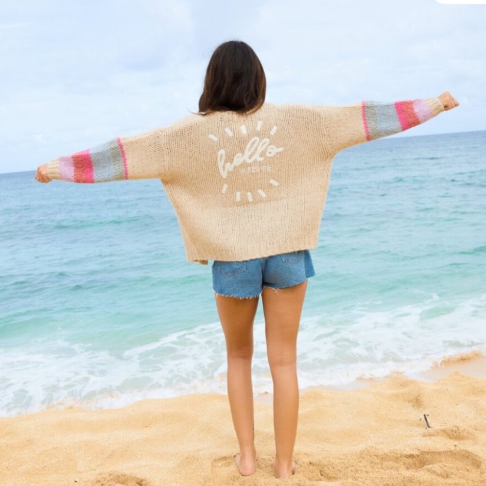 saltwater LUXE Beige Knit Cardigan with Pink and Gray Stripe Sleeves